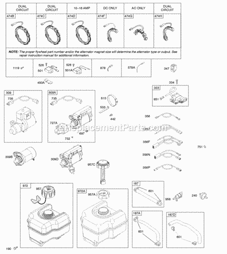 Alternator Electric Starter Fuel Supply Ignition Diagram and Parts List for 21M317-0115-E1  Briggs and Stratton Engine
